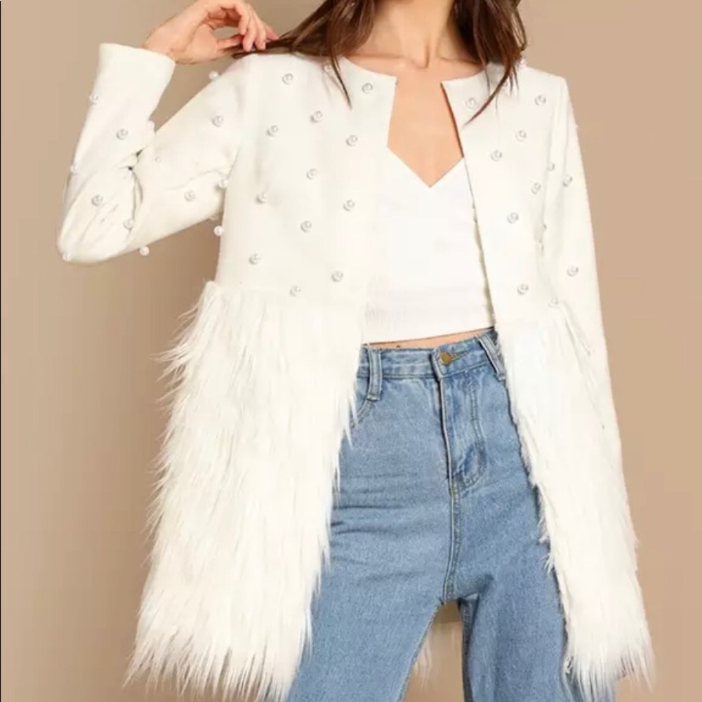 Solid Pearl Embellished Faux Fur Round Neck Jacket